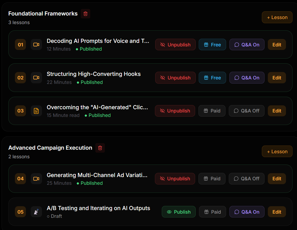 Course details and lesson upload screen
